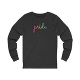 Pansexual Pride Long Sleeve T-Shirt: Flowing Cursive 'Pride' in Gradient Hues