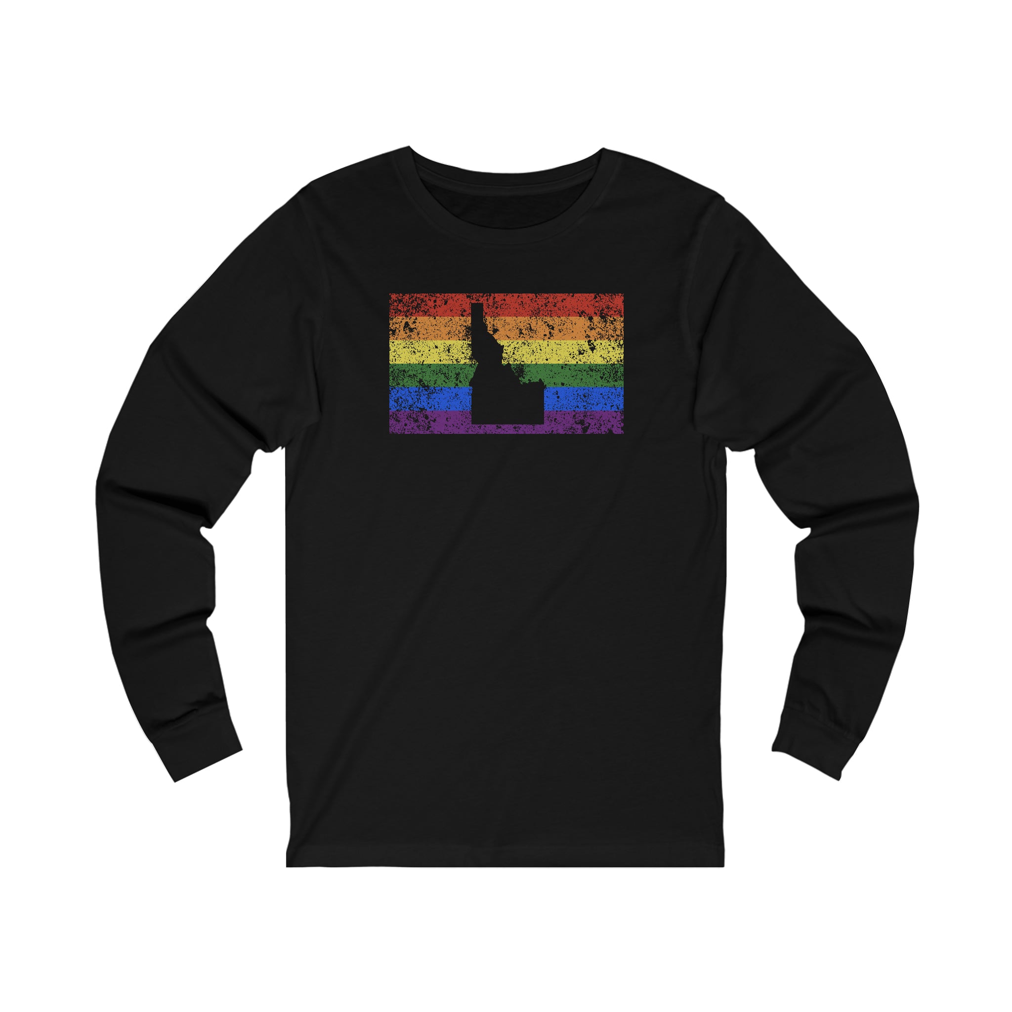 Idaho Pride Flag Long Sleeve Tee: Rainbow LGBTQ+ State Silhouette Distressed Long Sleeve T-Shirt