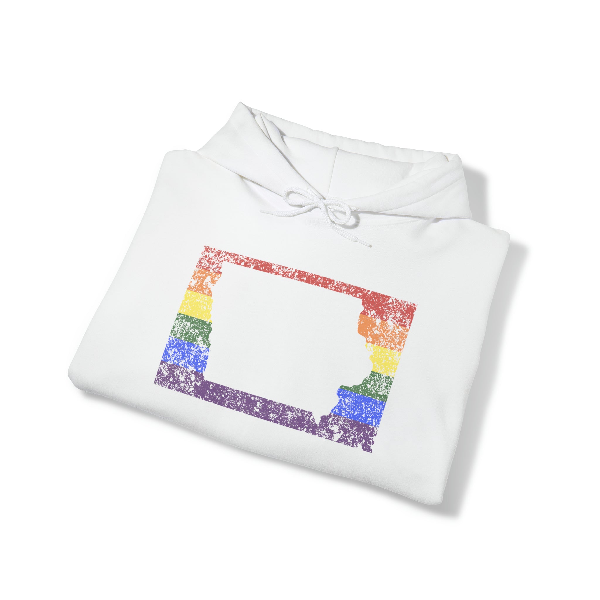 Iowa Pride Flag Hoodie: Rainbow LGBTQ+ State Silhouette Distressed Hooded Sweatshirt