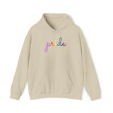 Gilbert Baker Pride Flag Hoodie: Flowing Cursive 'Pride' in Gradient Hues