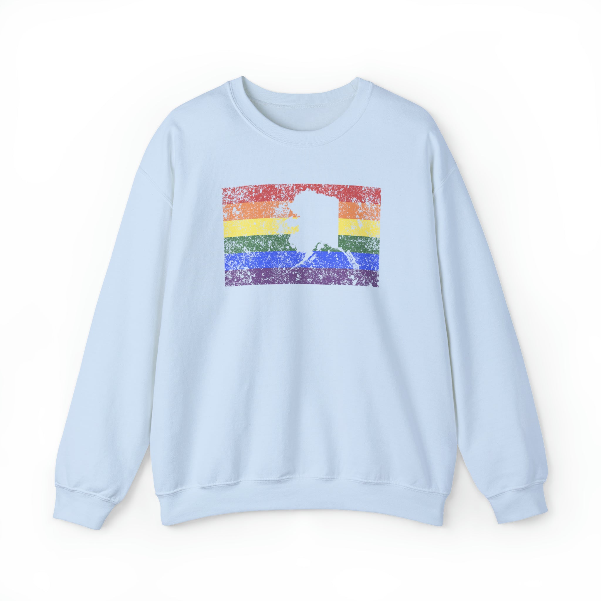 Alaska Pride Flag Sweater: Rainbow LGBTQ+ State Silhouette Distressed Sweatshirt