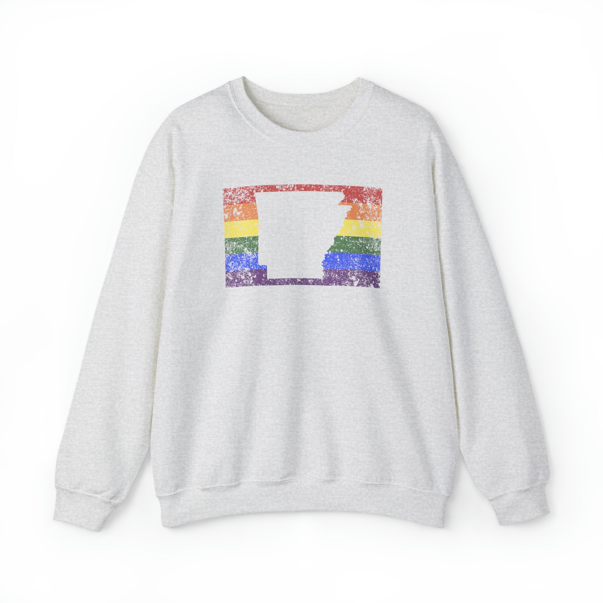 Arkansas Pride Flag Sweater: Rainbow LGBTQ+ State Silhouette Distressed Sweatshirt