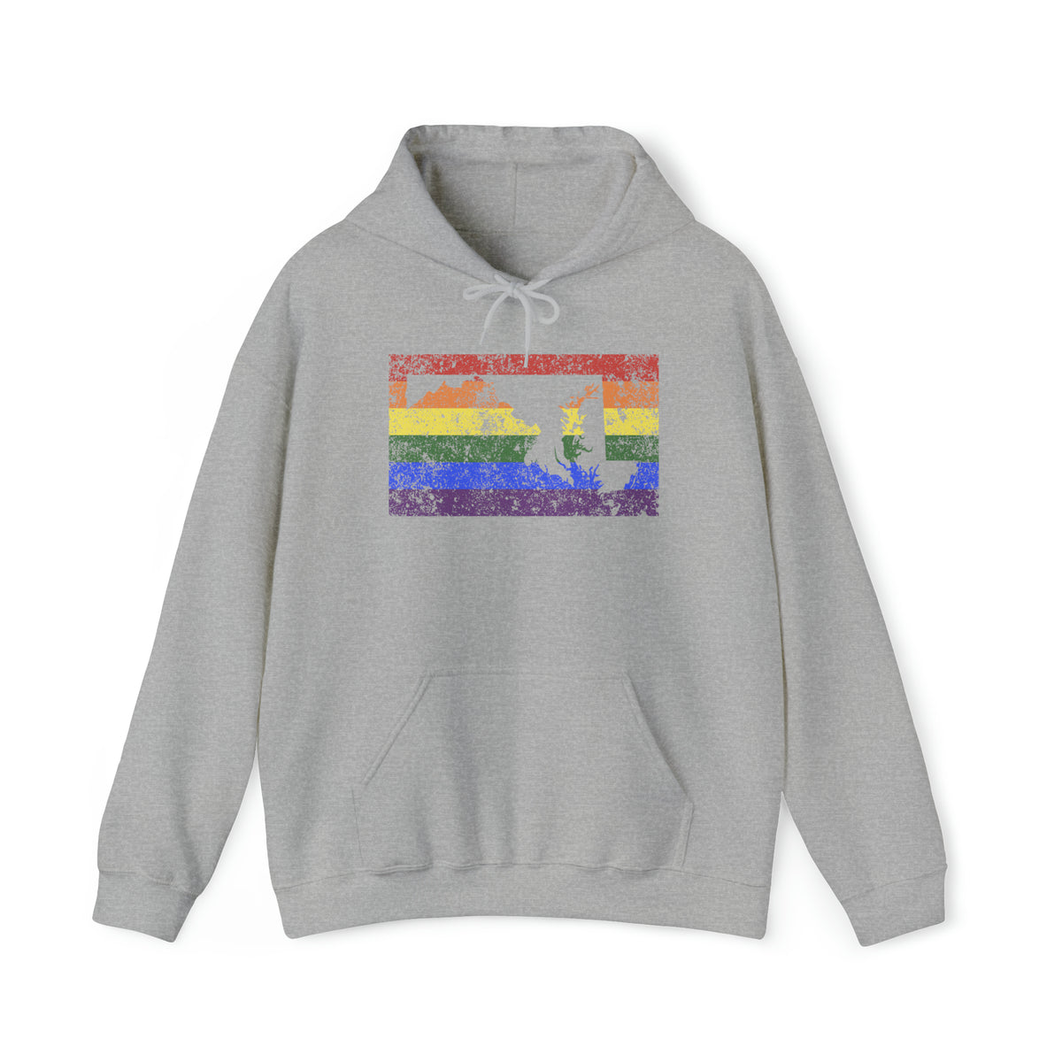 Maryland Pride Flag Hoodie: Rainbow LGBTQ+ State Silhouette Distressed Hooded Sweatshirt