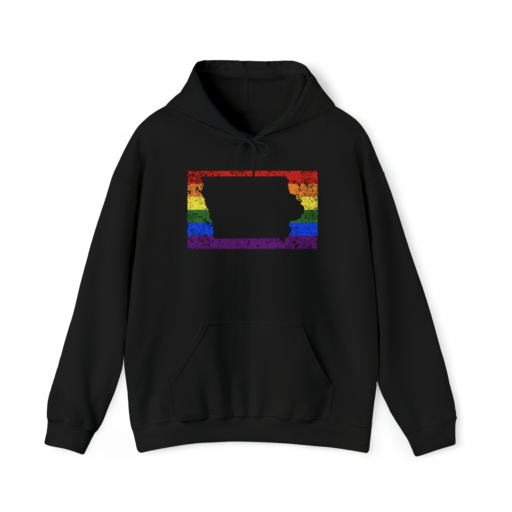 Iowa Pride Flag Hoodie: Rainbow LGBTQ+ State Silhouette Distressed Hooded Sweatshirt