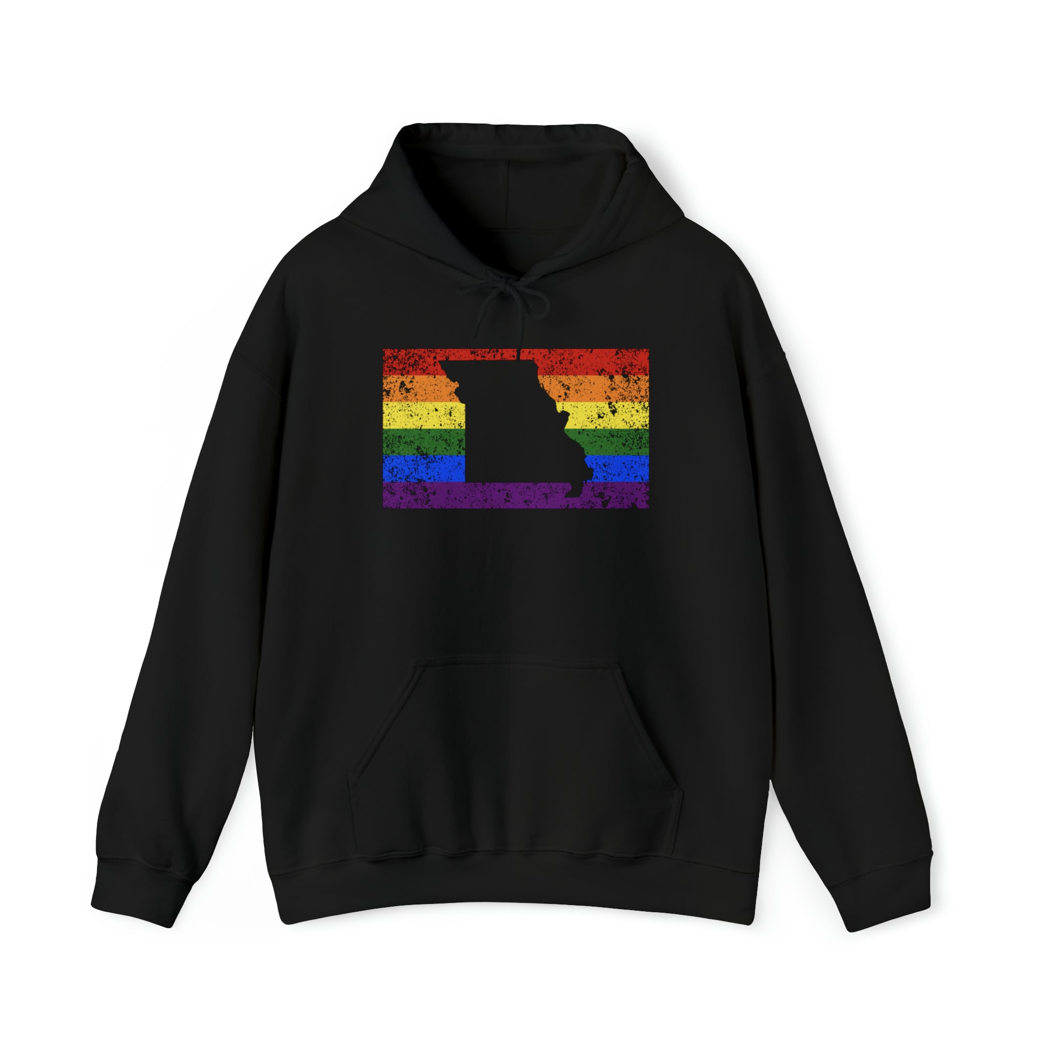 Missouri Pride Flag Hoodie: Rainbow LGBTQ+ State Silhouette Distressed Hooded Sweatshirt