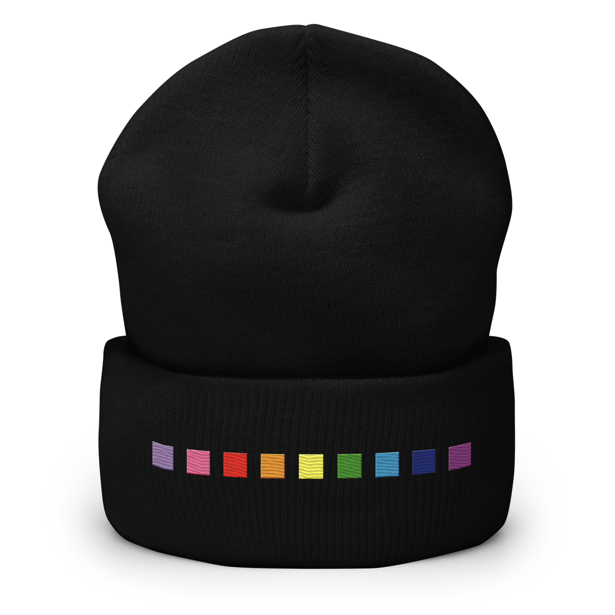 Embroidered Gilbert Baker Pride Beanie: Pride Flag Horizontal Square Design