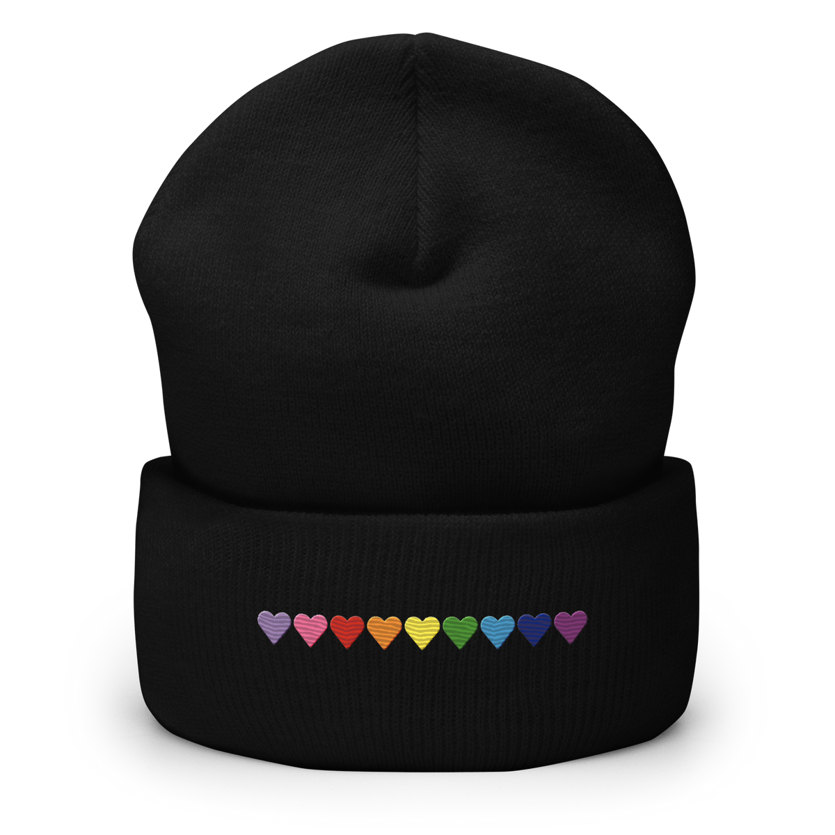 Embroidered Gilbert Baker Pride Beanie: Pride Flag Horizontal Heart Design