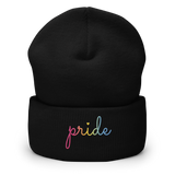 Pansexual Pride Beanie: Cursive 'Pride' in Gradient Colors