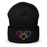 Pansexual Pride Beanie: Interlaced Heart Outlines Embroidered Hat