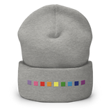 Embroidered Gilbert Baker Pride Beanie: Pride Flag Horizontal Square Design