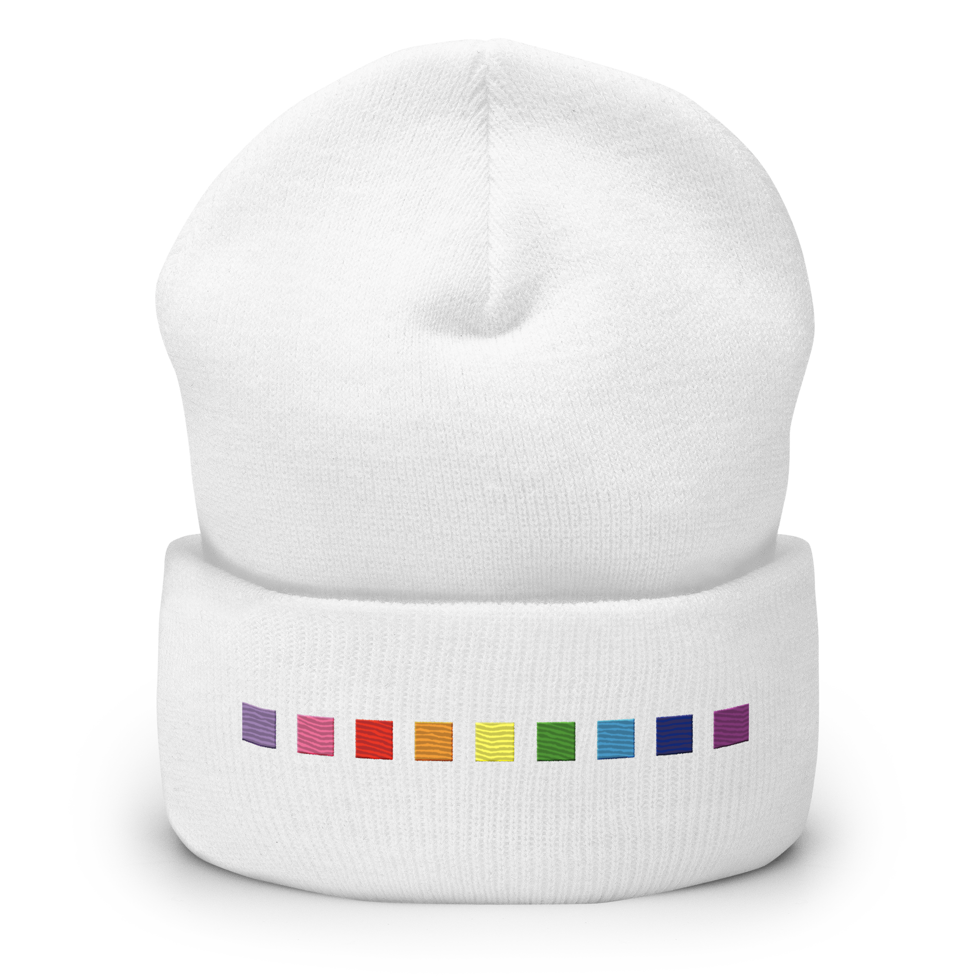 Embroidered Gilbert Baker Pride Beanie: Pride Flag Horizontal Square Design